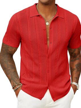 Men’s Red Knit Button-Down Polo Summer Beach Casual Top Shirt